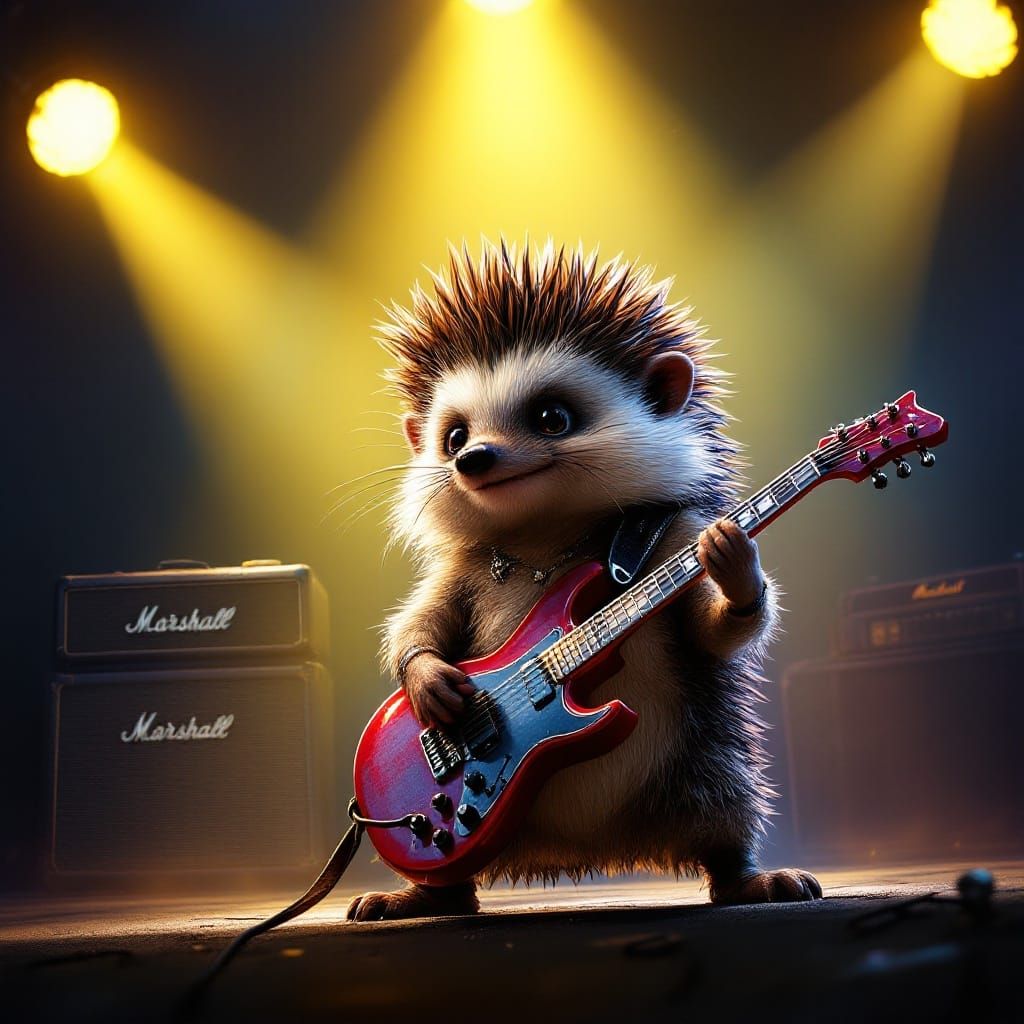 A spotlight shines down on a diminutive hedgehog, its quills gelled into a rockstar hairstyle, as it energetically plays...