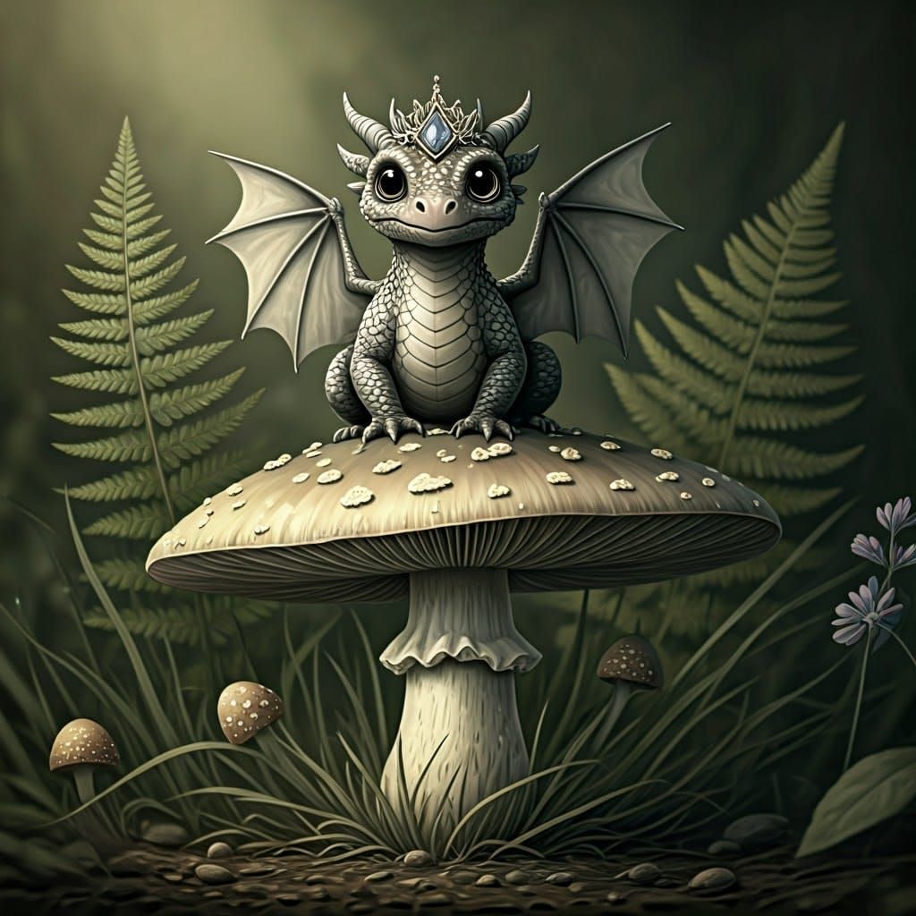 Dragon on Mushroom: Whimsical Pen and Ink Illustration