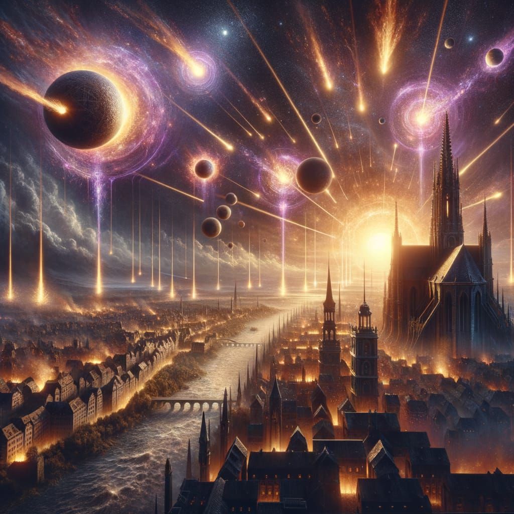 Celestial Phenomenon with Metal Orbs in Dark Fantasy Style