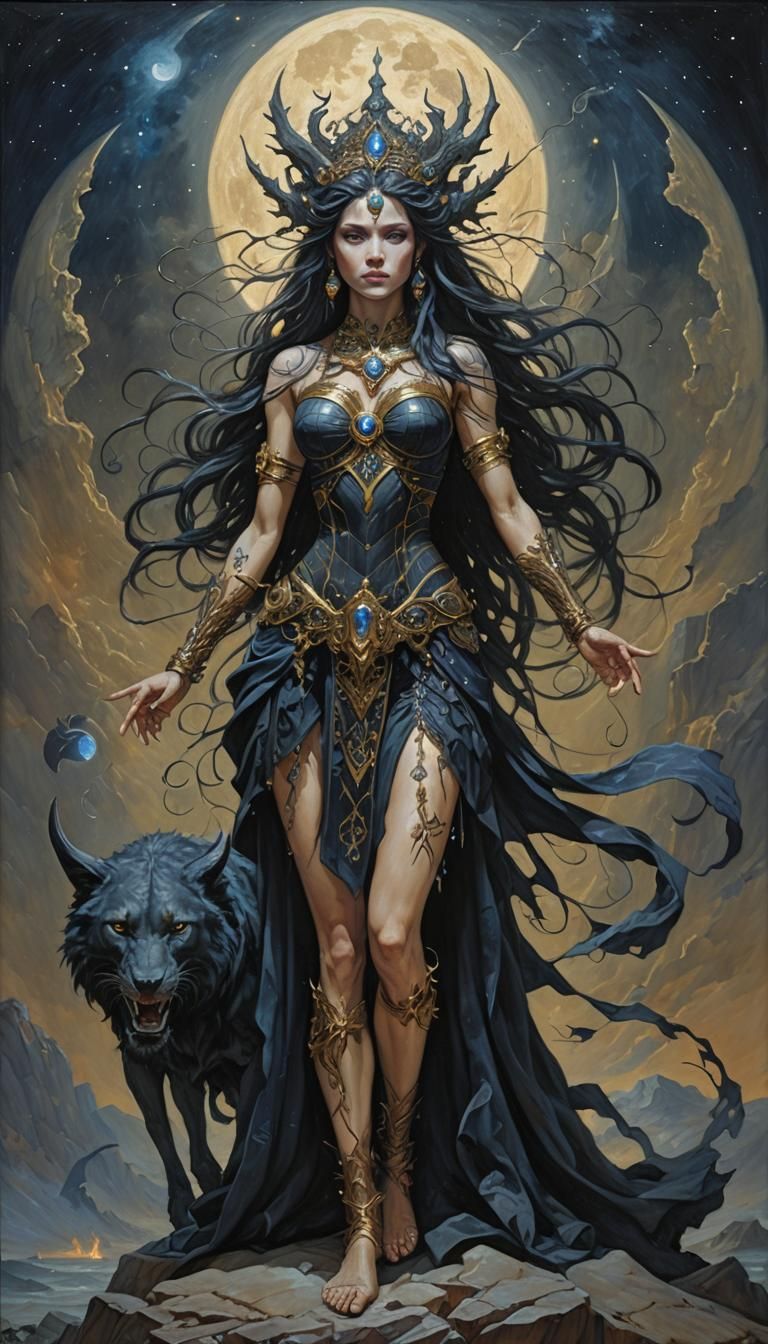 Goddess of Night in Detailed Oil Painting Style