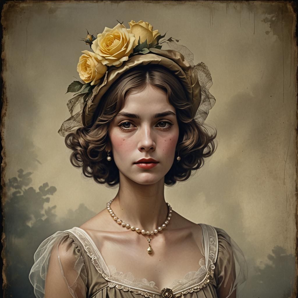 Vintage Portrait of Woman with Roses, Detailed Matte Paintin...