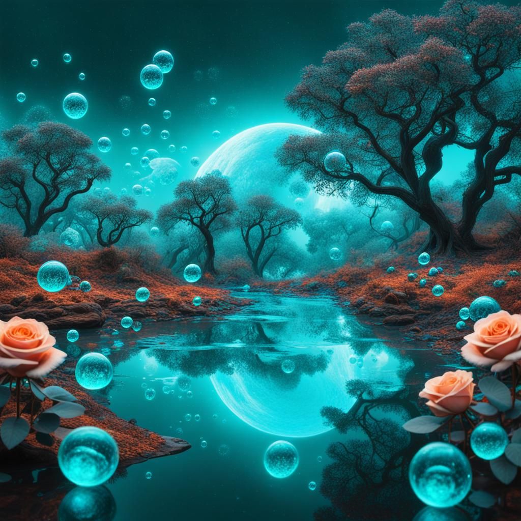Fantasy Landscape on Mars with Bioluminescent Roses