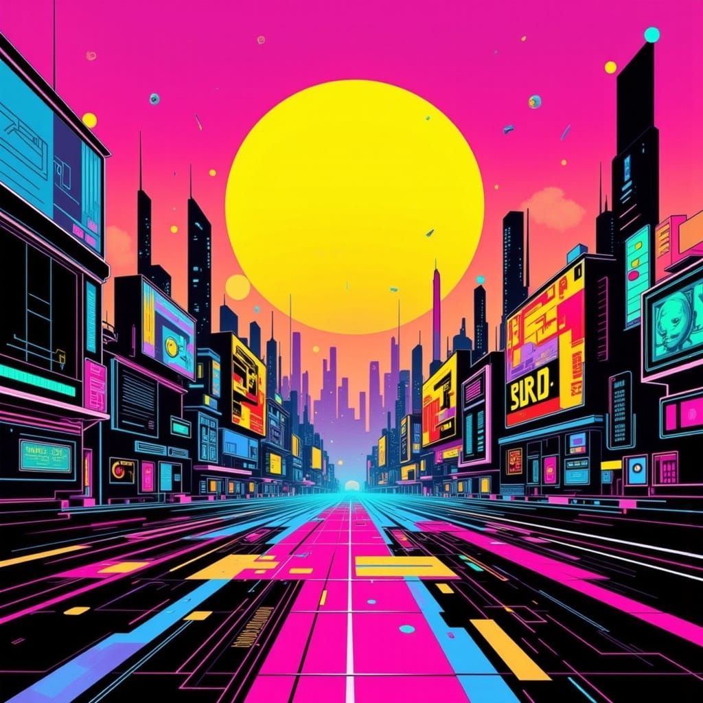 Neon Cityscape in Vibrant Triadic Colors, Inspired by 80s Po...