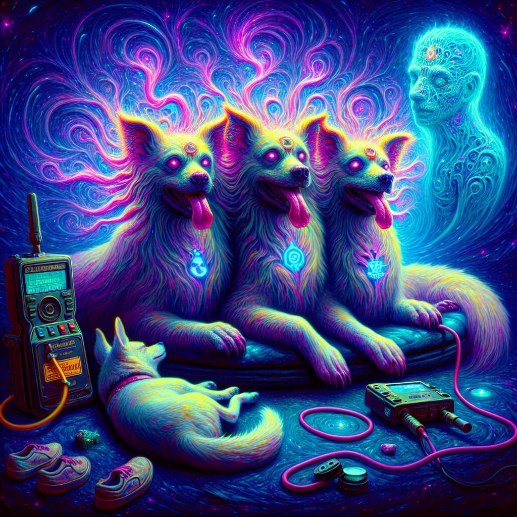 Surreal 3-Headed Chihuahua Cerberus in Ethereal Vortex