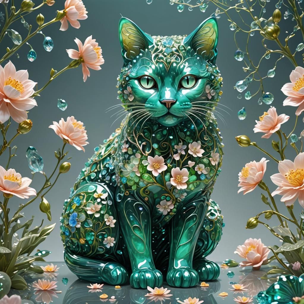 Bioluminescent Crystal Cat Sculpture in Fantasy Forest
