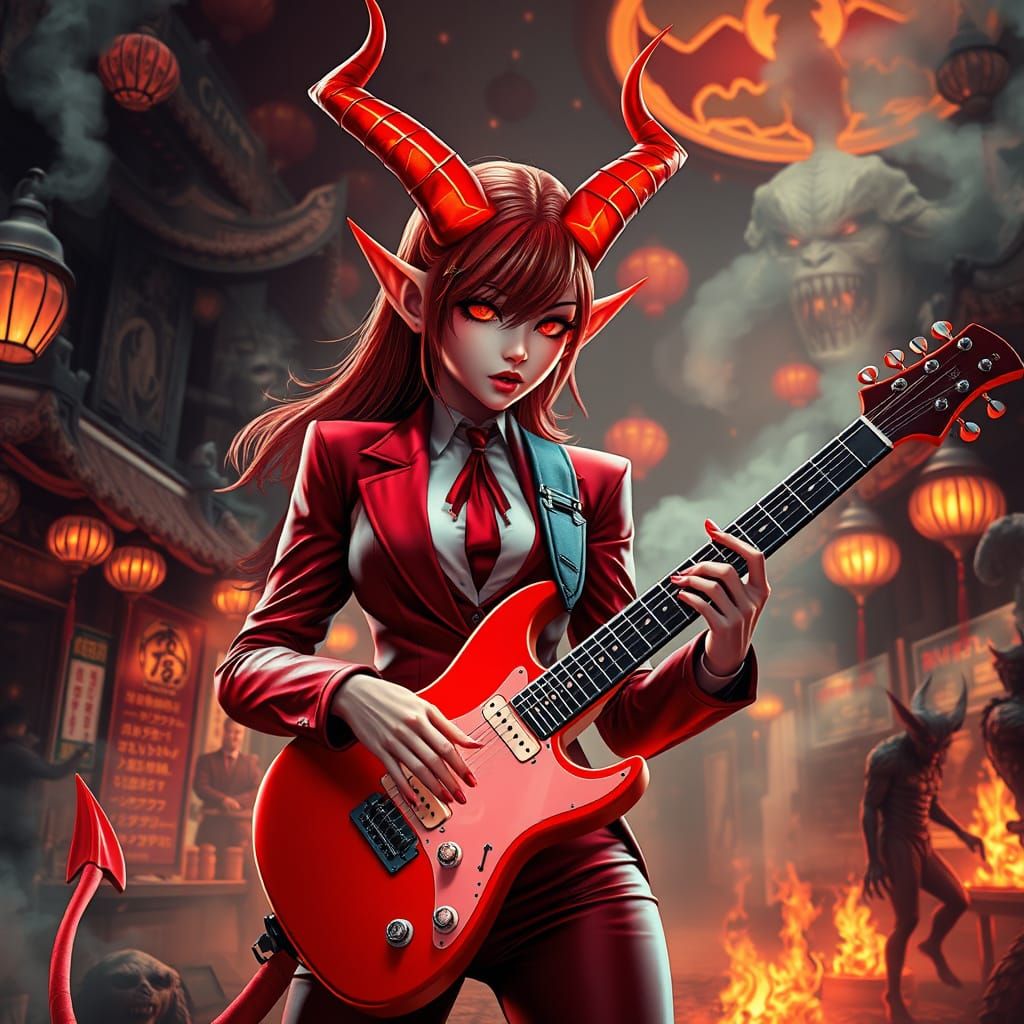 Cyberpunk Devil Rockstar in Hellish Bazaar