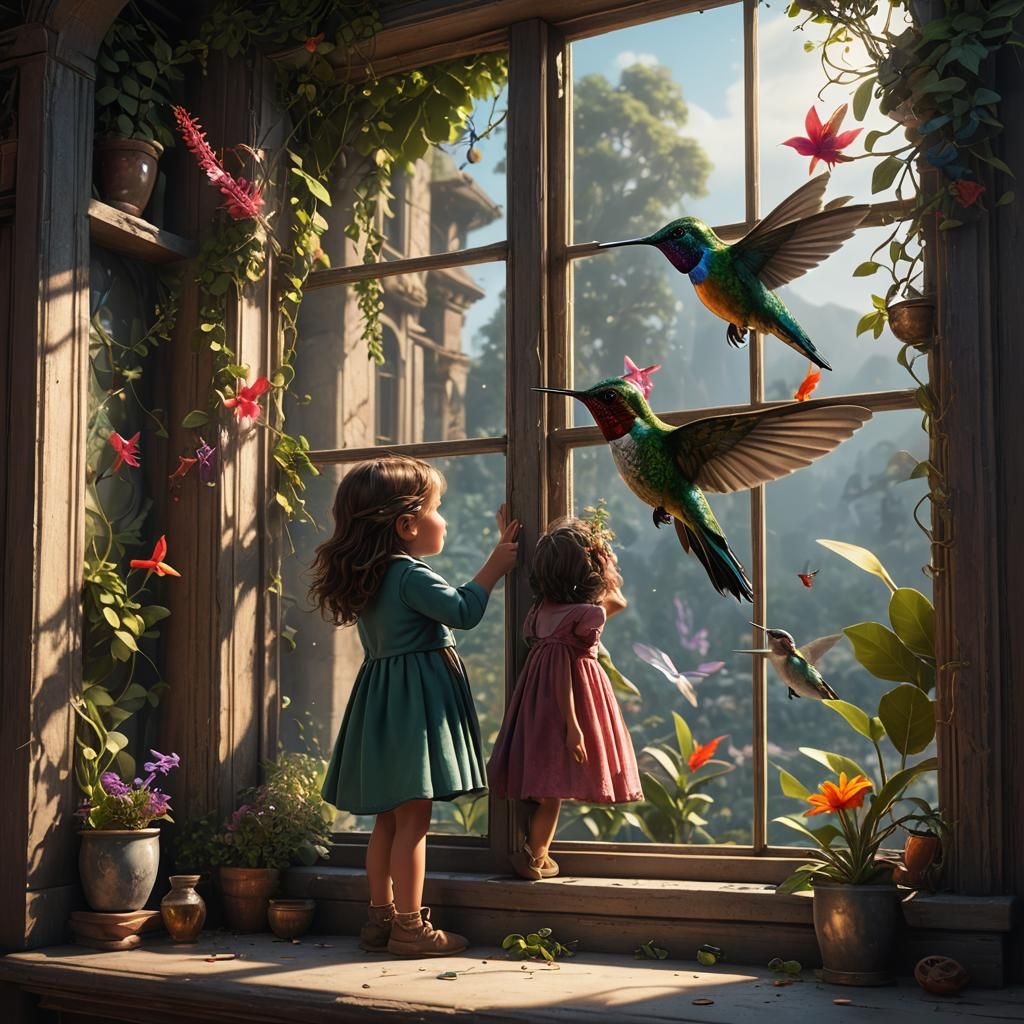 Hummingbird Visits Girl: Detailed Matte Painting