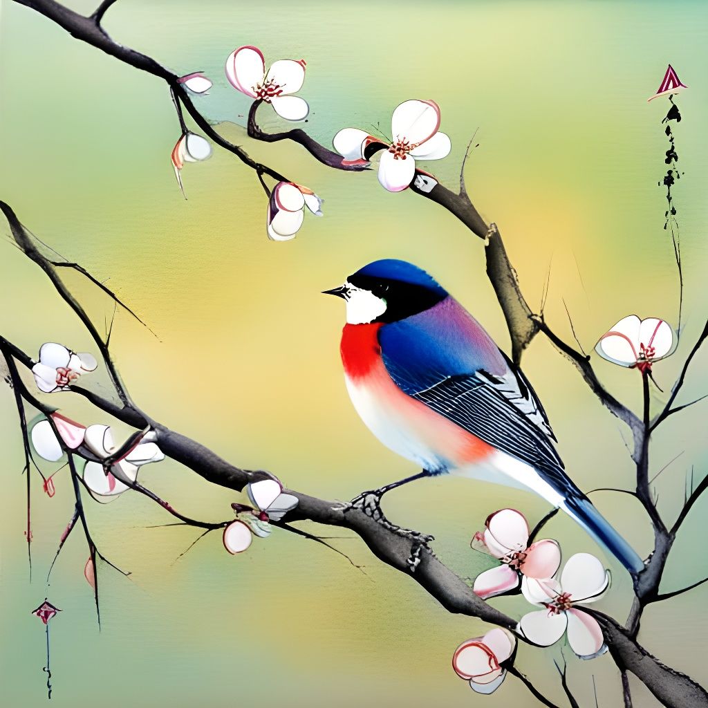 Dogwood Tree with Colorful Birds in Japanese Style