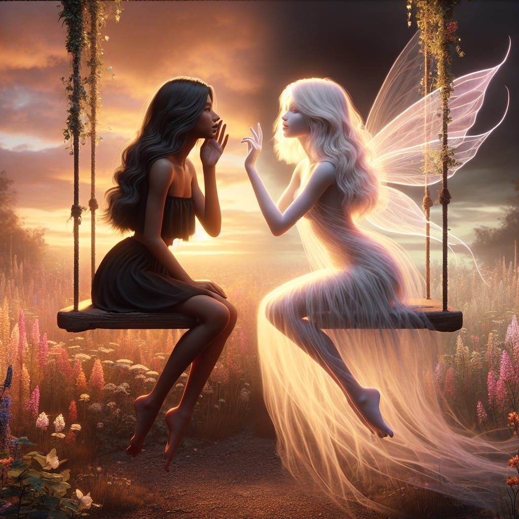 Ethereal Women Whispering on a Swing at Sunrise