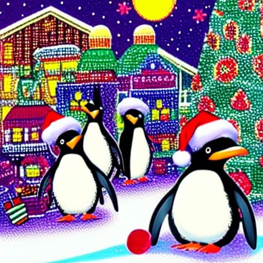 Festive Penguins at a Christmas Fair