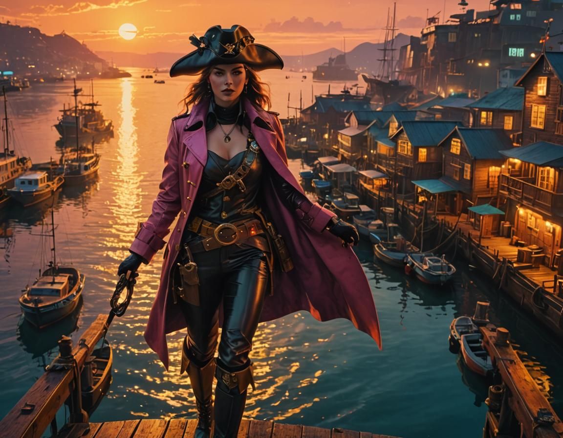 Cyberpunk Woman Stands on Harbour Dock at Sunset with Neon C...