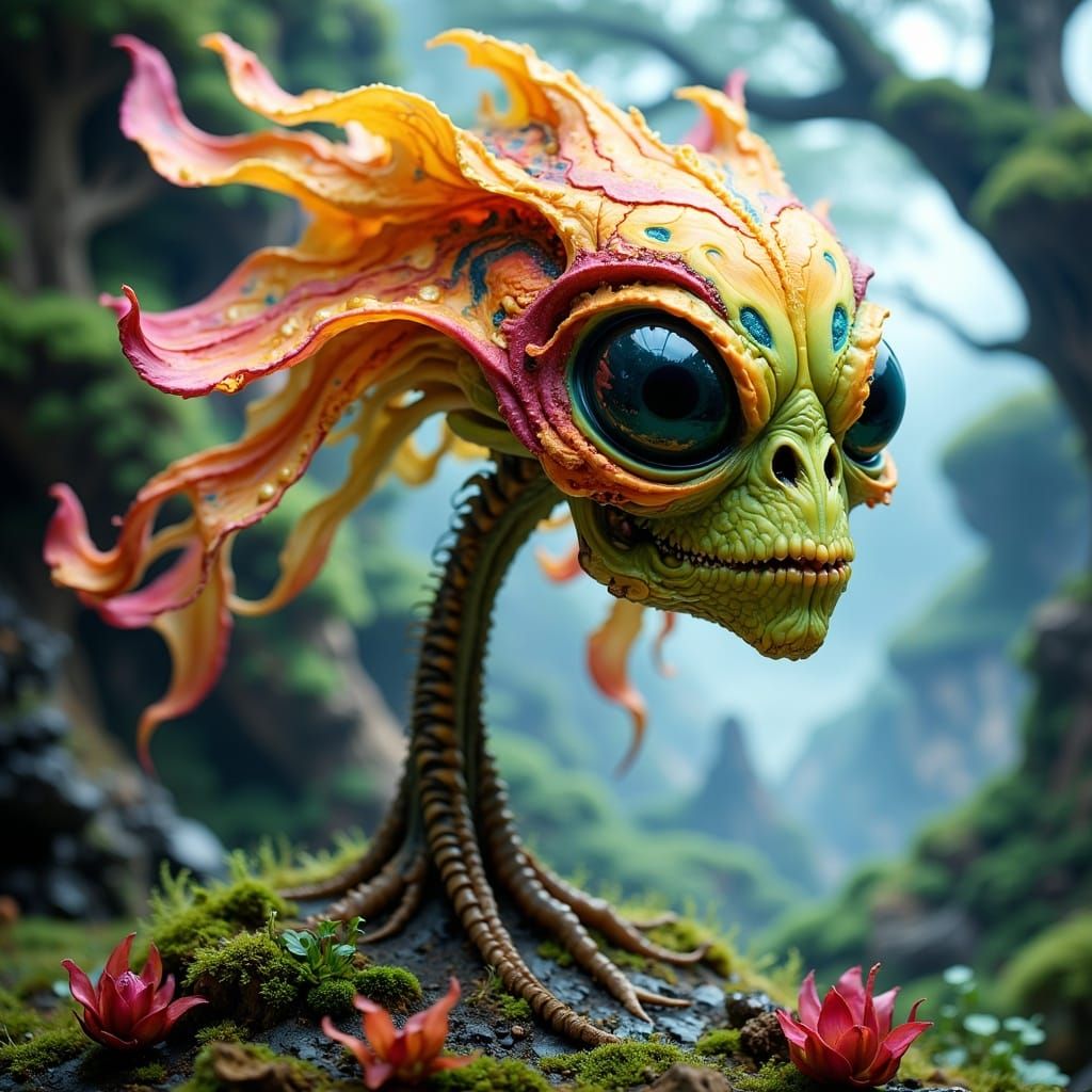 Surreal Alien Landscape with Hyperdetailed Orchid-like Flowe...