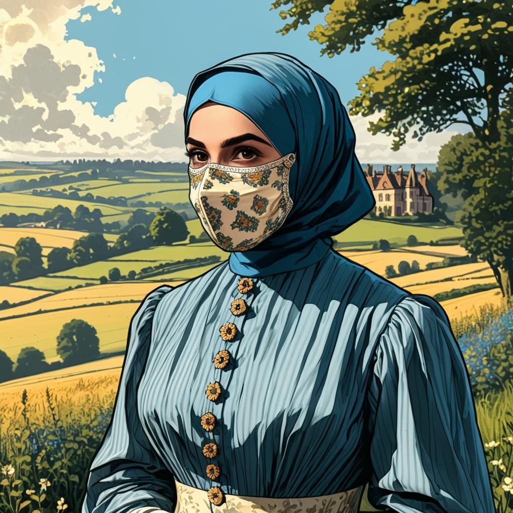 Victorian Hijabi Woman in Vintage Comic Style