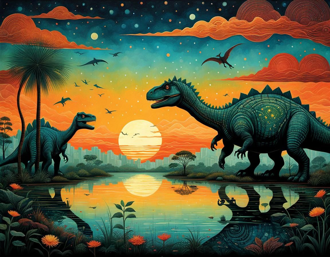 Dinosaurs at Sunset in Art Brut Style