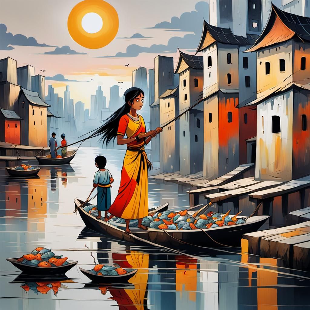 Indian Mother Collecting Fish in Anime Style