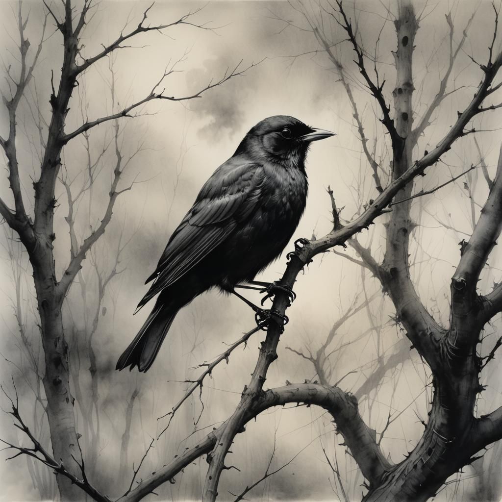 Surreal Blackbird on Dead Willow Tree
