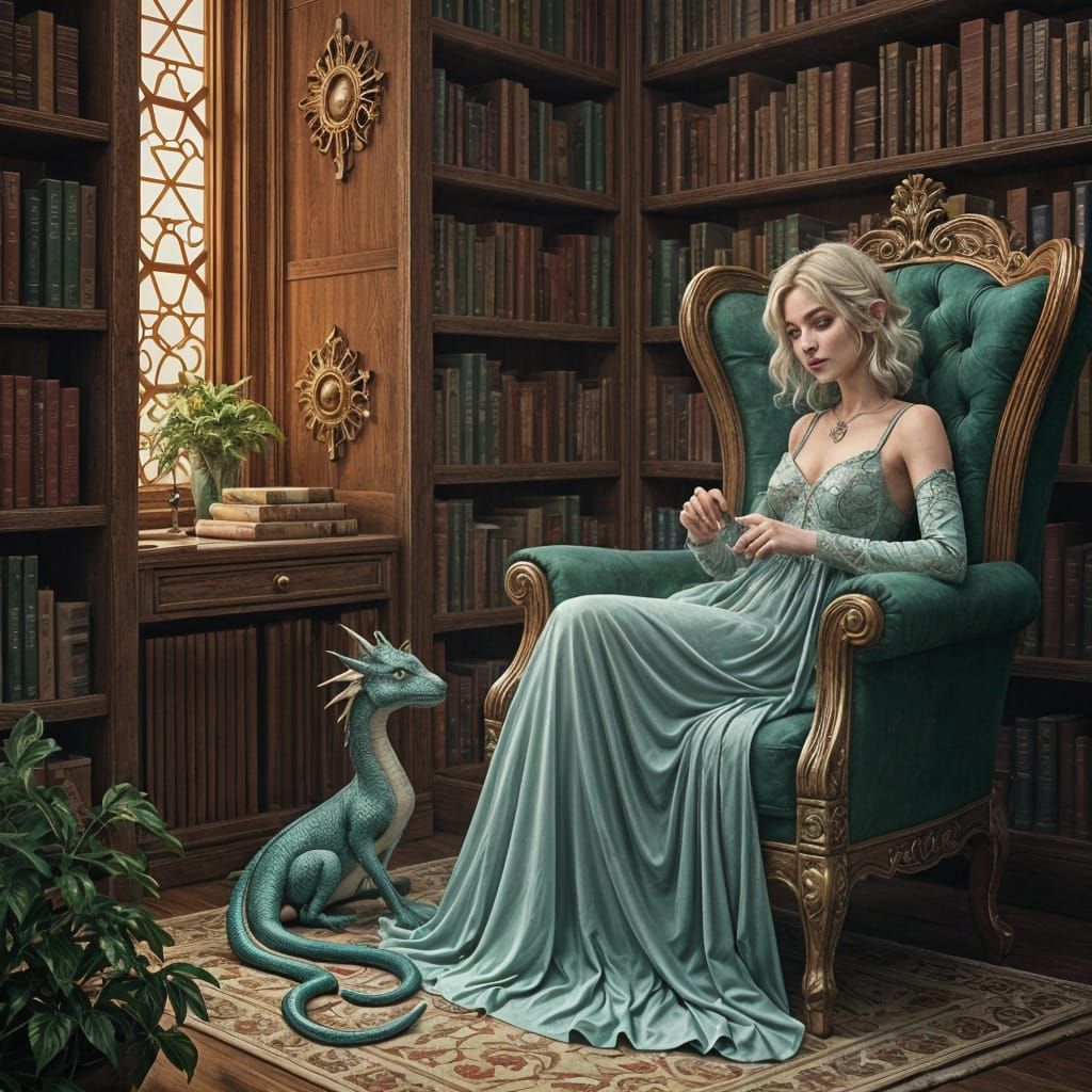 Elven Women in Enchanted Library with Small Dragon Companion