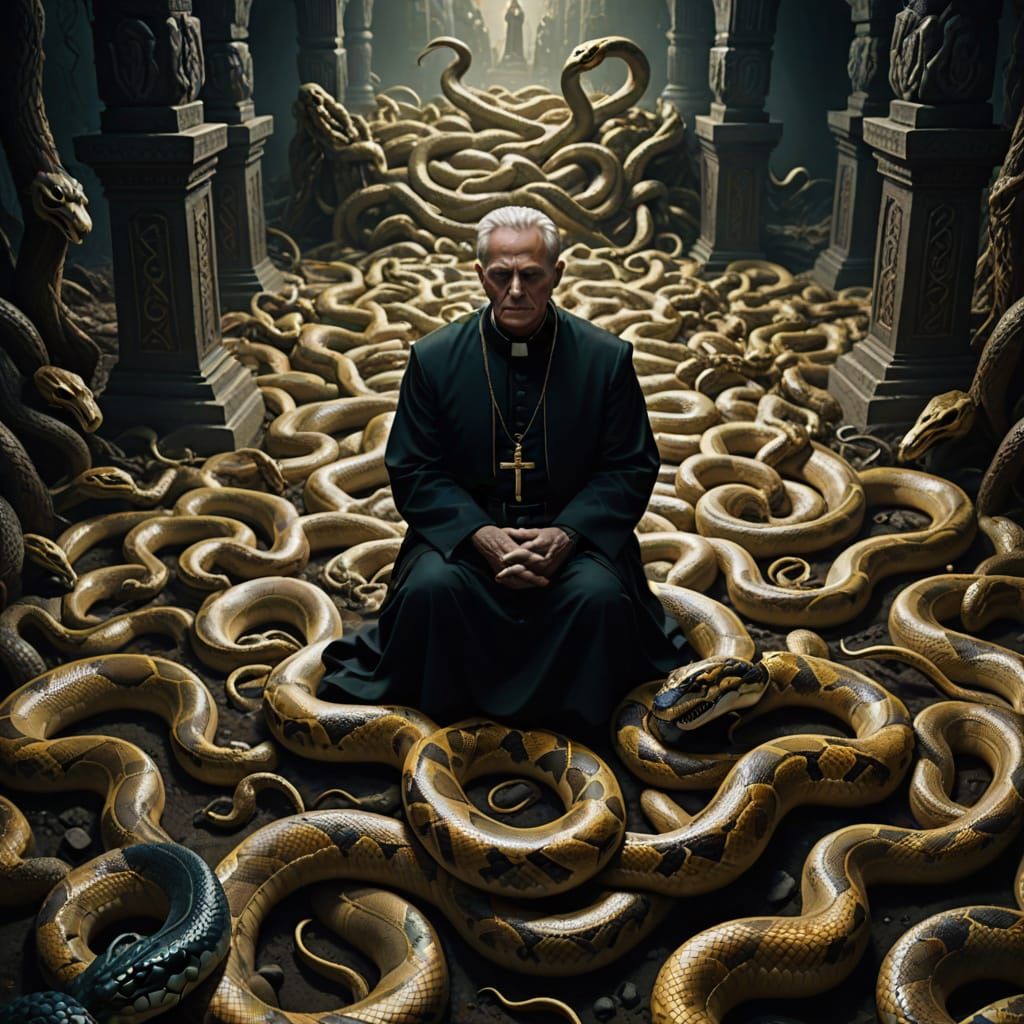 Epic Cinematic Priest Overwhelmed by Snakes