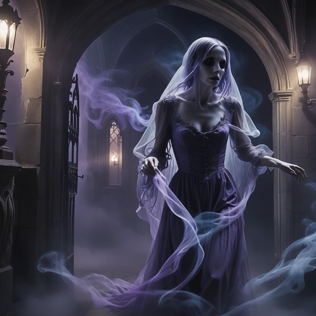 Ethereal Ghost Exits Gothic Manor in Surreal Style
