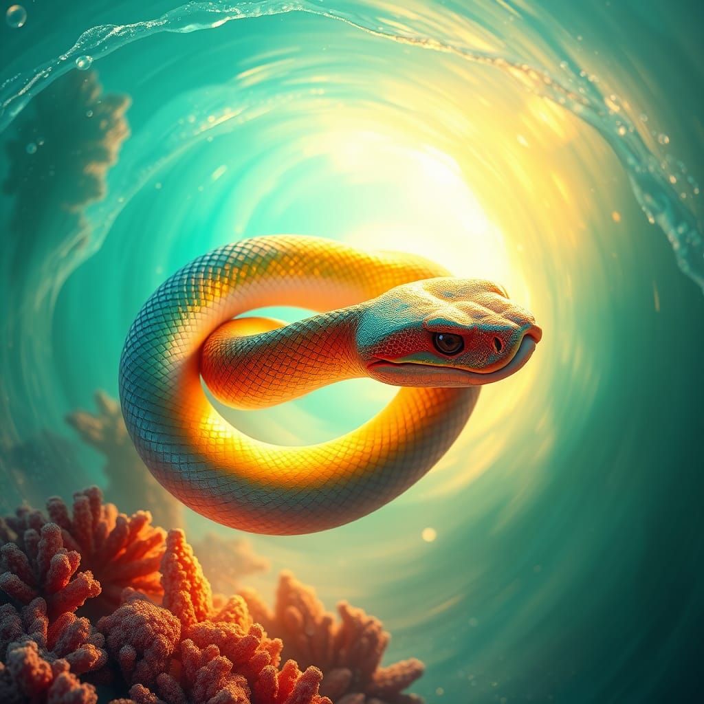 Olive Sea Snake Ascending from Coral Reef