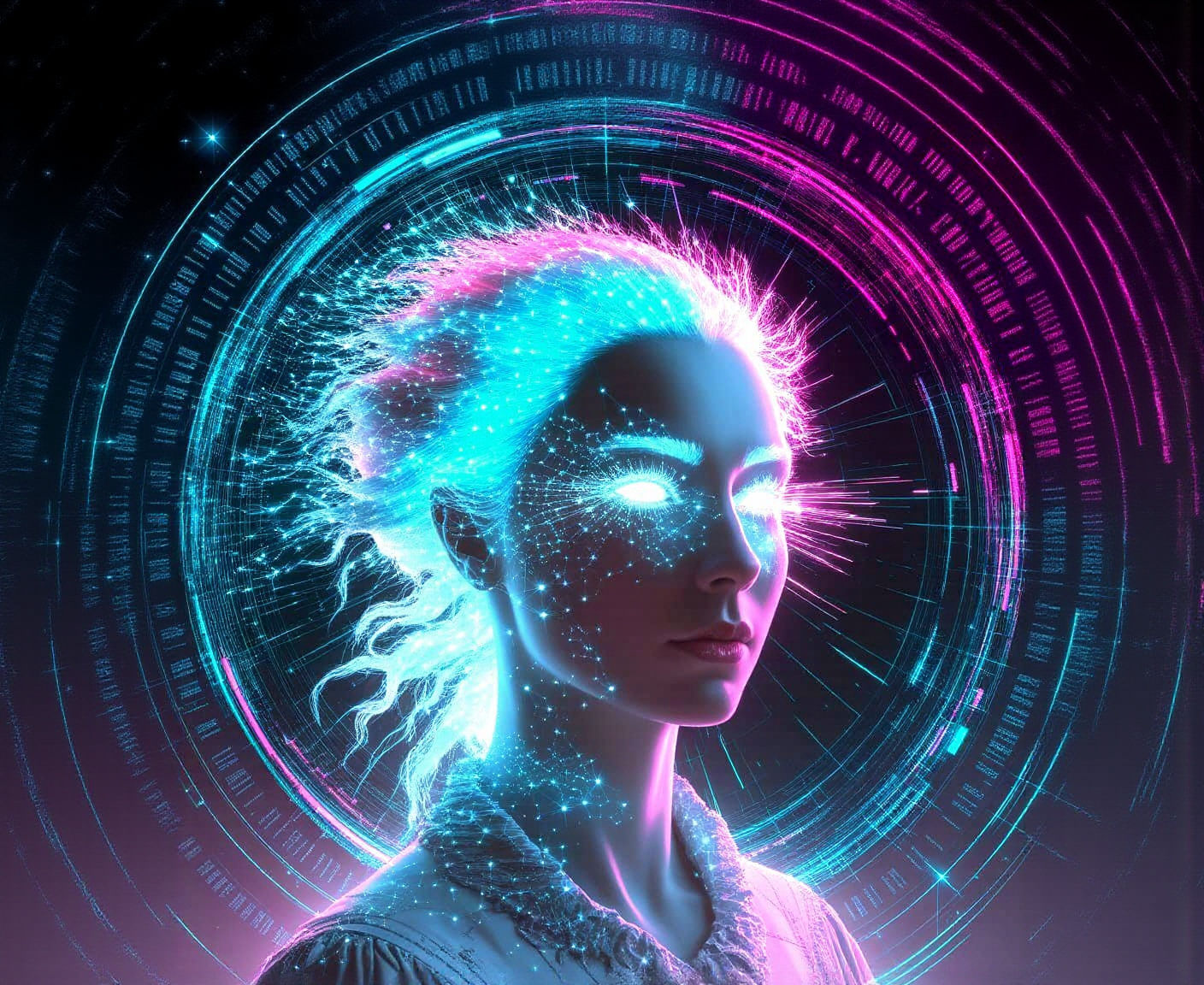 Bioluminescent Woman with Digital Glitch Art