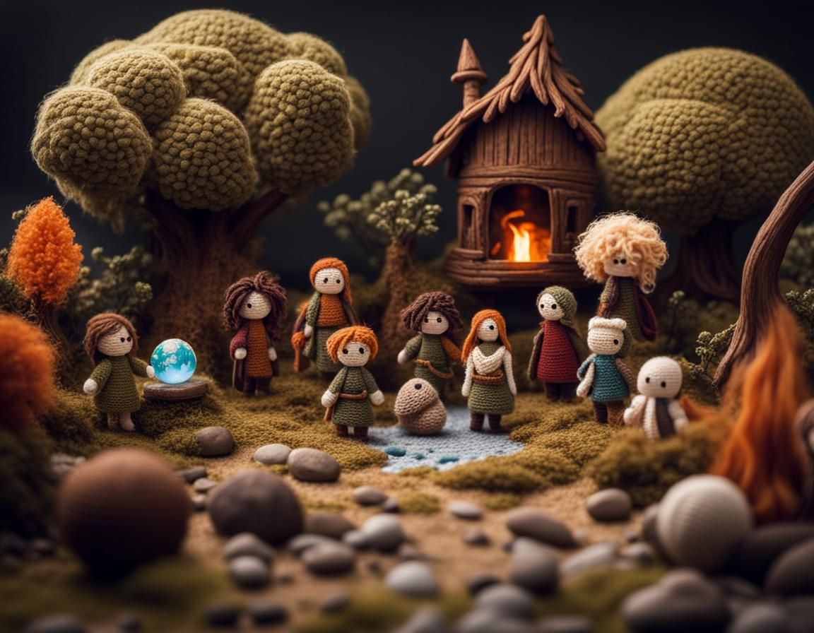 D&D Party in Crochet Style, Fantasy Landscape