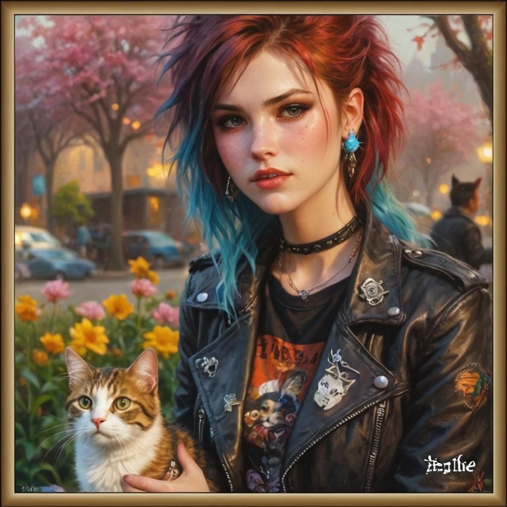 Punk Woman and Cat in Ethereal Fantasy Style