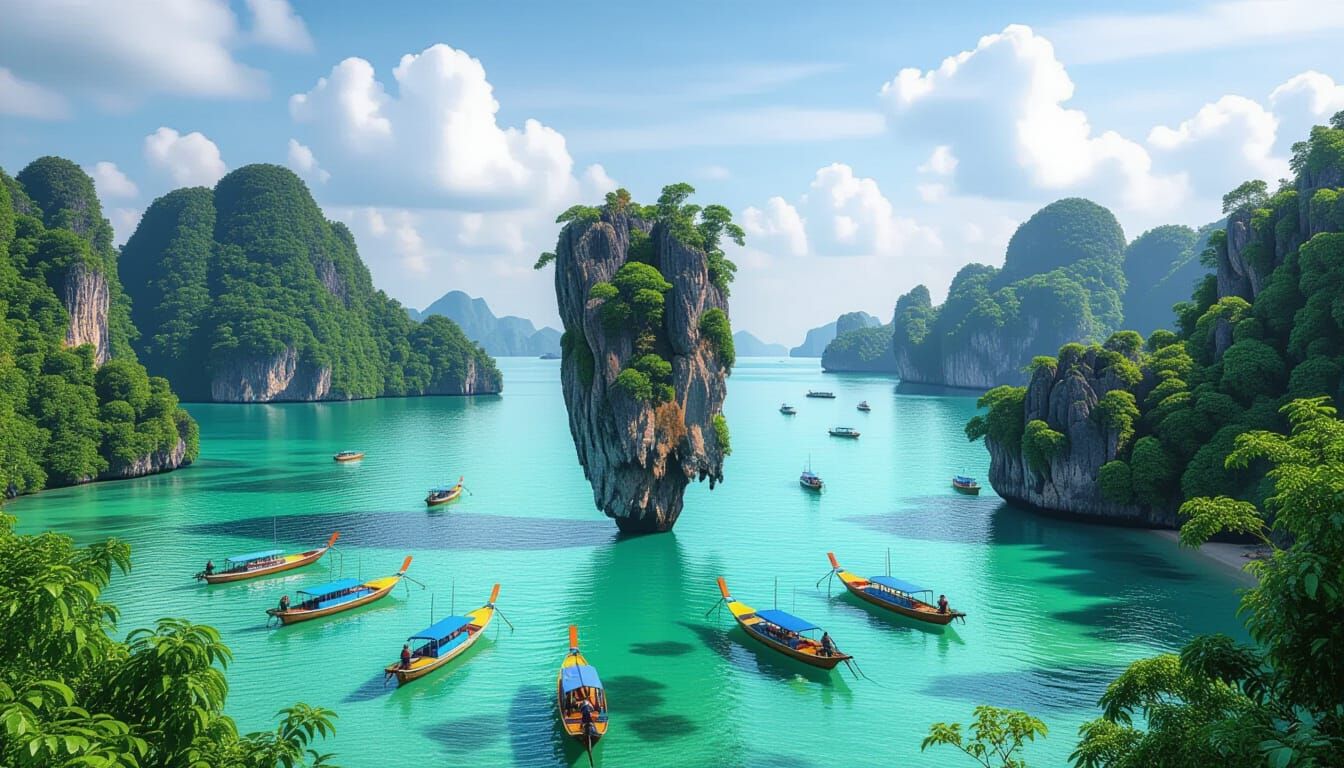 Tropical Koh Samui Bay with Karst Formations and Longtail Bo...