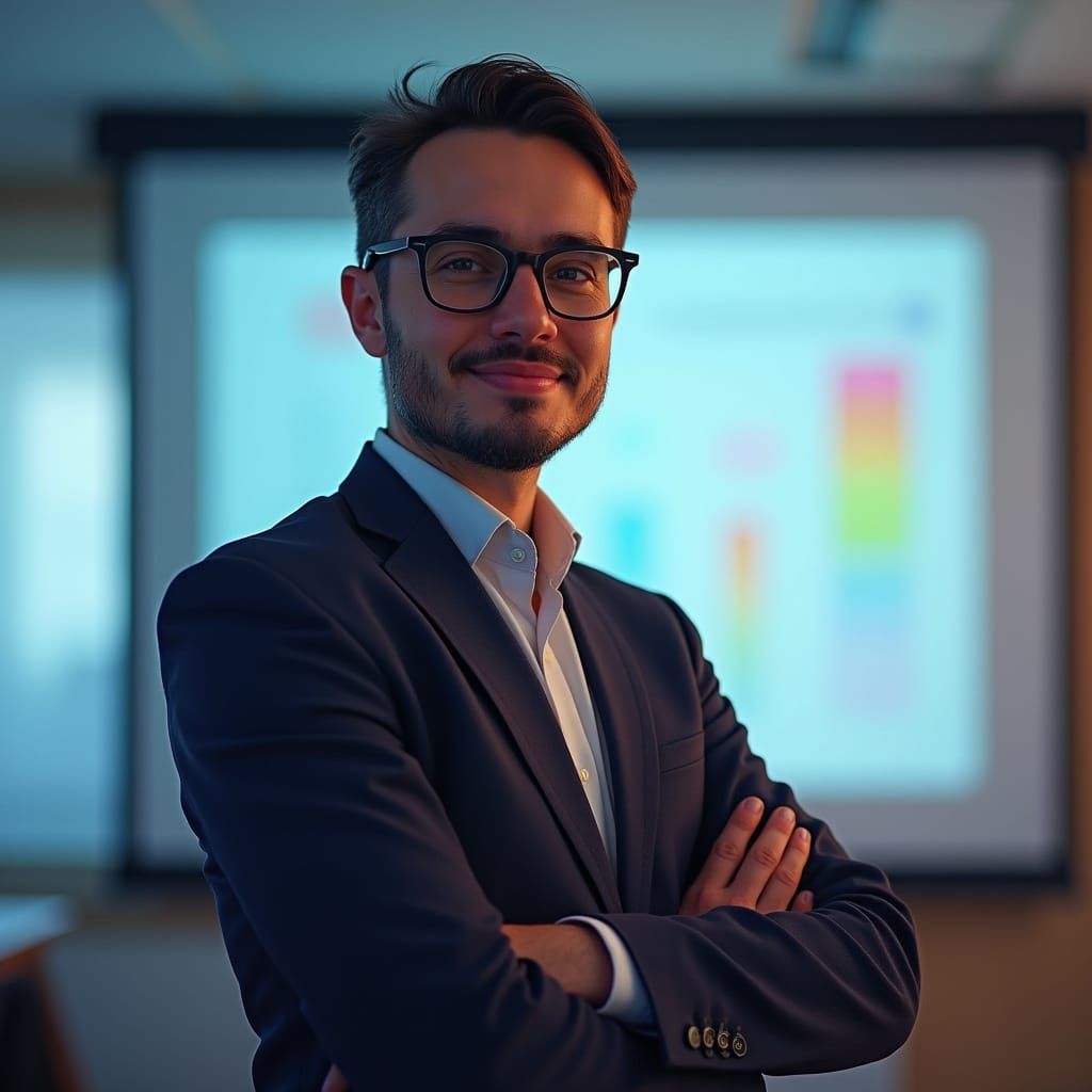 Confident Academic Presenting, Vibrant Contemporary Portrait