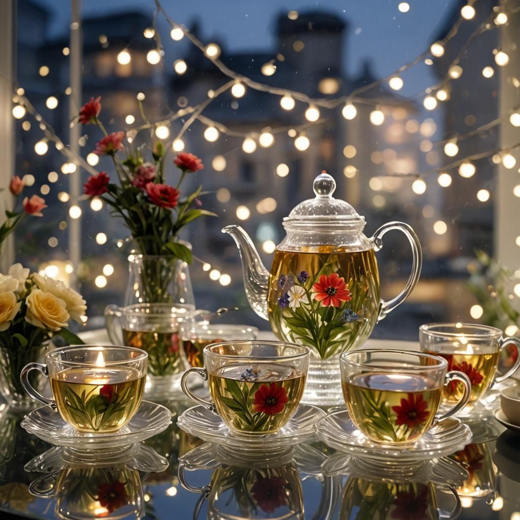 Elegant Glass Tea Set on Window Sill in 4K