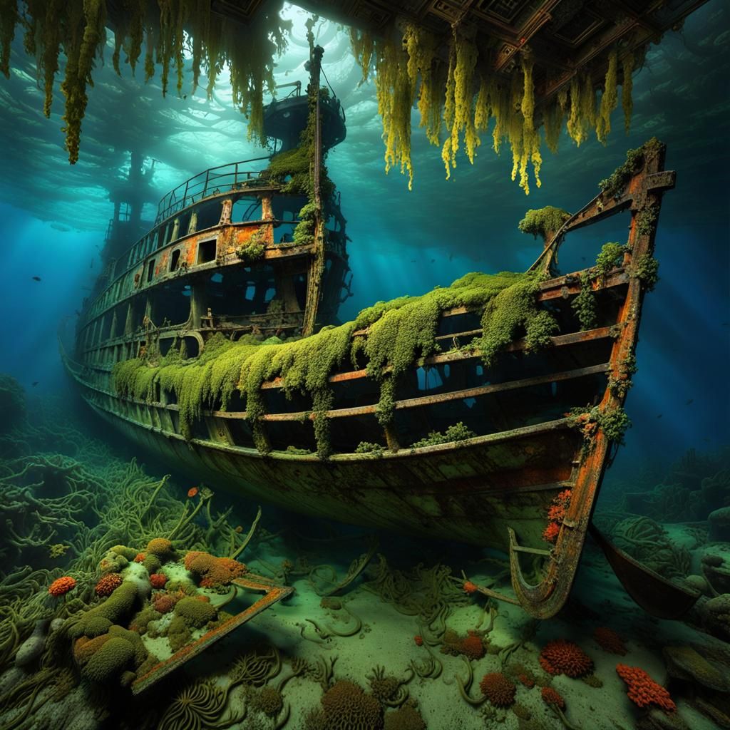 Haunted Shipwreck on Ocean Floor with Coral