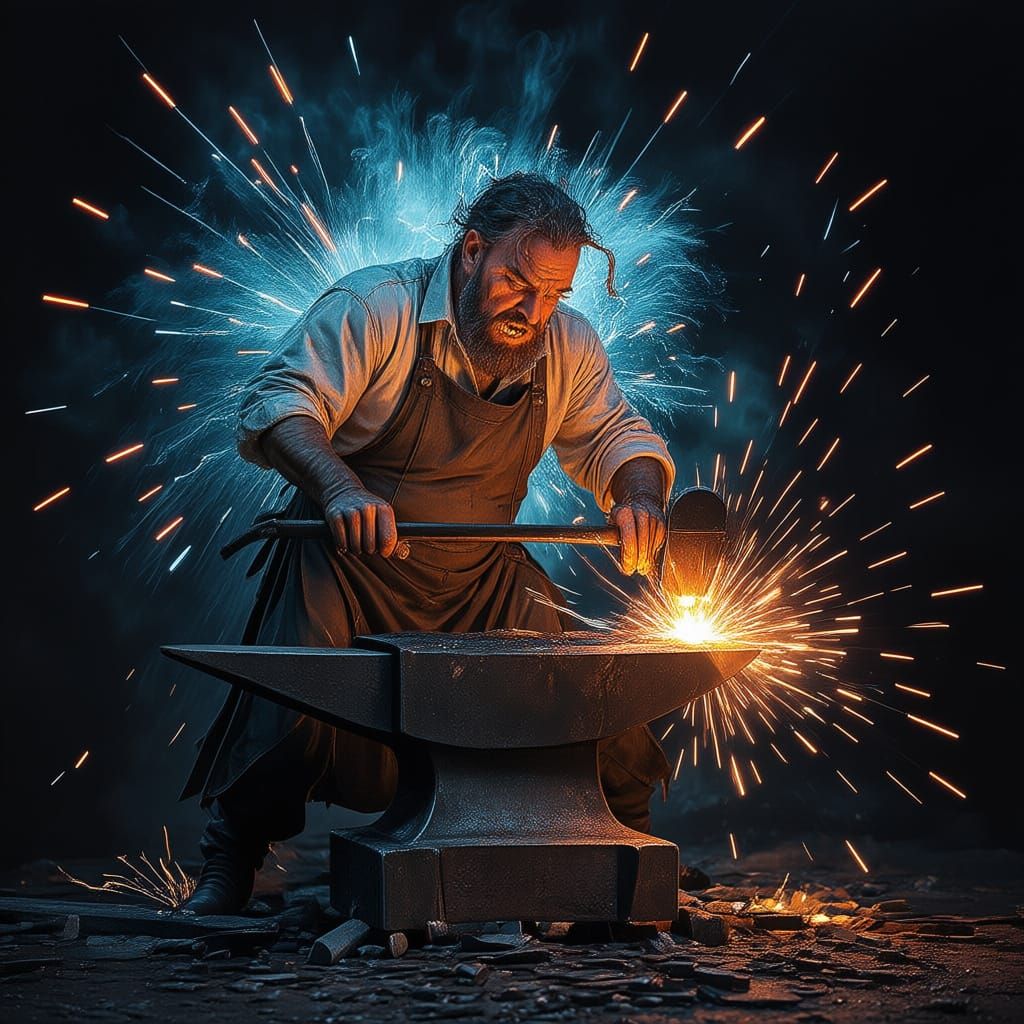 Colonial Blacksmith Forging Metal with Fiery Sparks