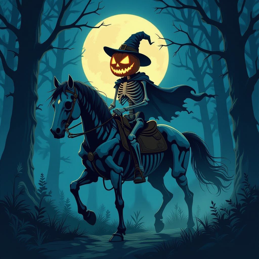 Skeleton Rider in Moonlit Forest
