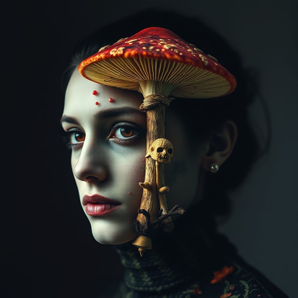 Encaustic Double Exposure Mushroom Fantasy Portrait