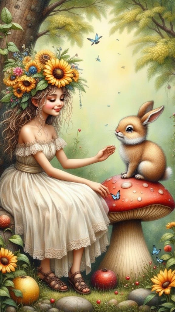 Whimsical Girl on Mushroom in Enchanted Forest