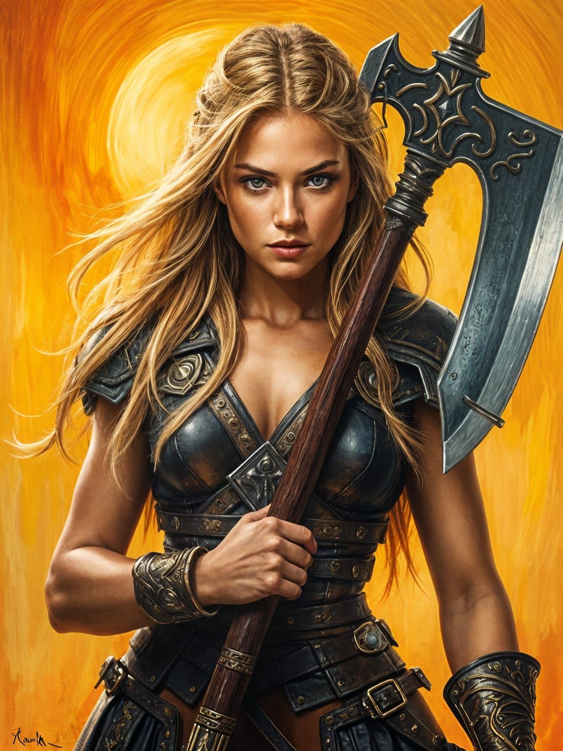 Elegant Female Warrior with Axe in Oil Painting Style