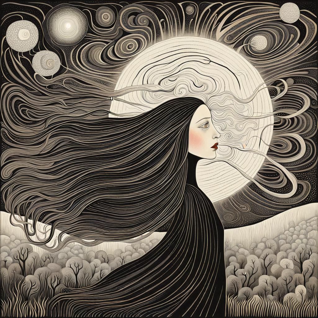 Woman with Atomic Nucleus in Surreal Watercolor Style