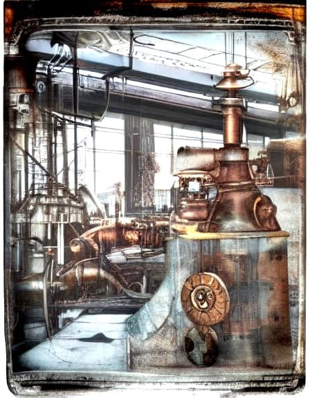 Gritty Industrial Steampunk Scene with Giant Apes and Dogs