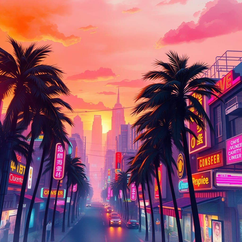 Surreal Cityscape at Sunset in Dreamy Watercolor Style