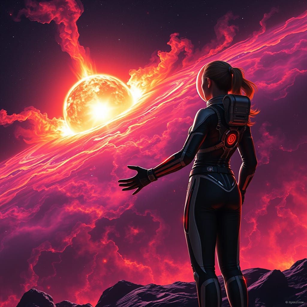 Sleek Astronaut Erupts Cosmic Solar Flare in Distant Space