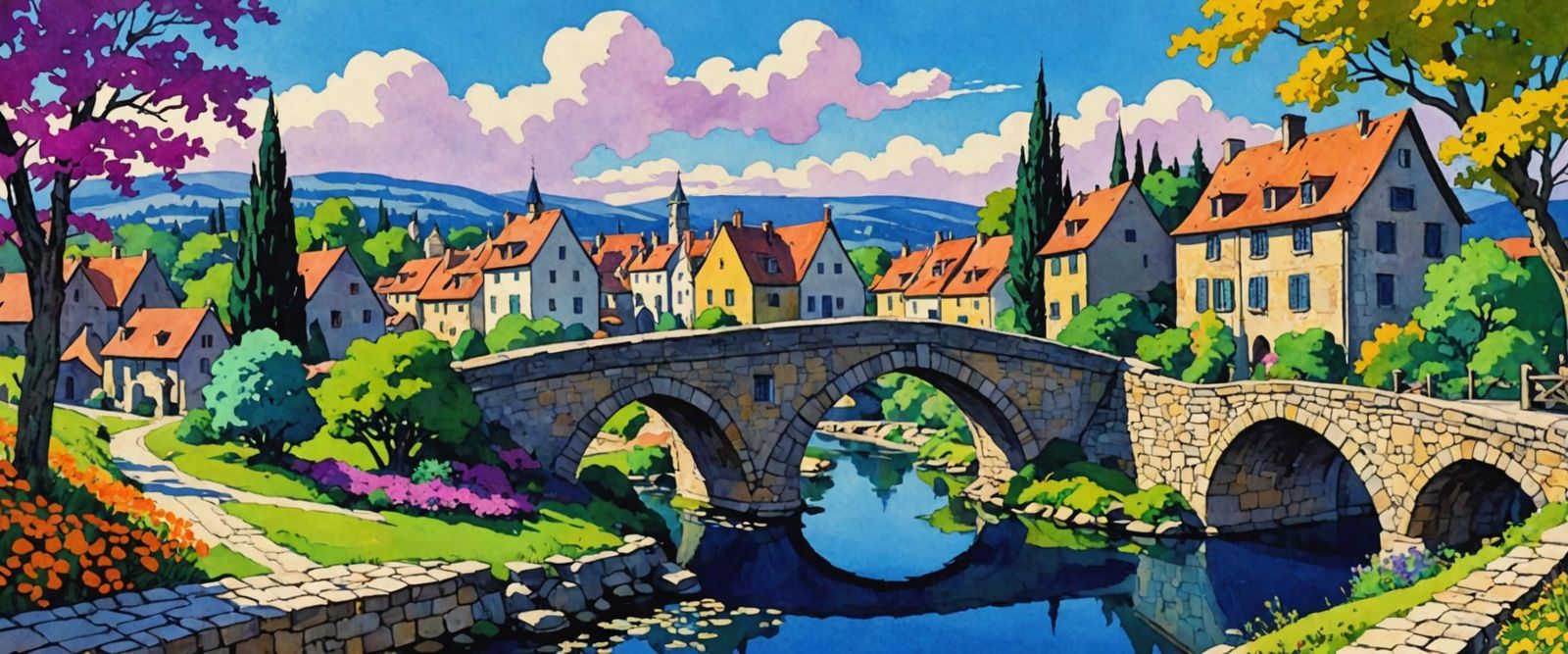 Dreamy Village Bridge in Impressionist Watercolor Style