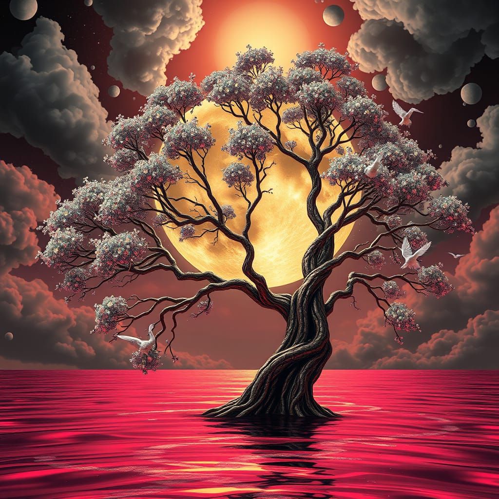 Surreal Robot Moon Transforms into Twisted Sequin Tree