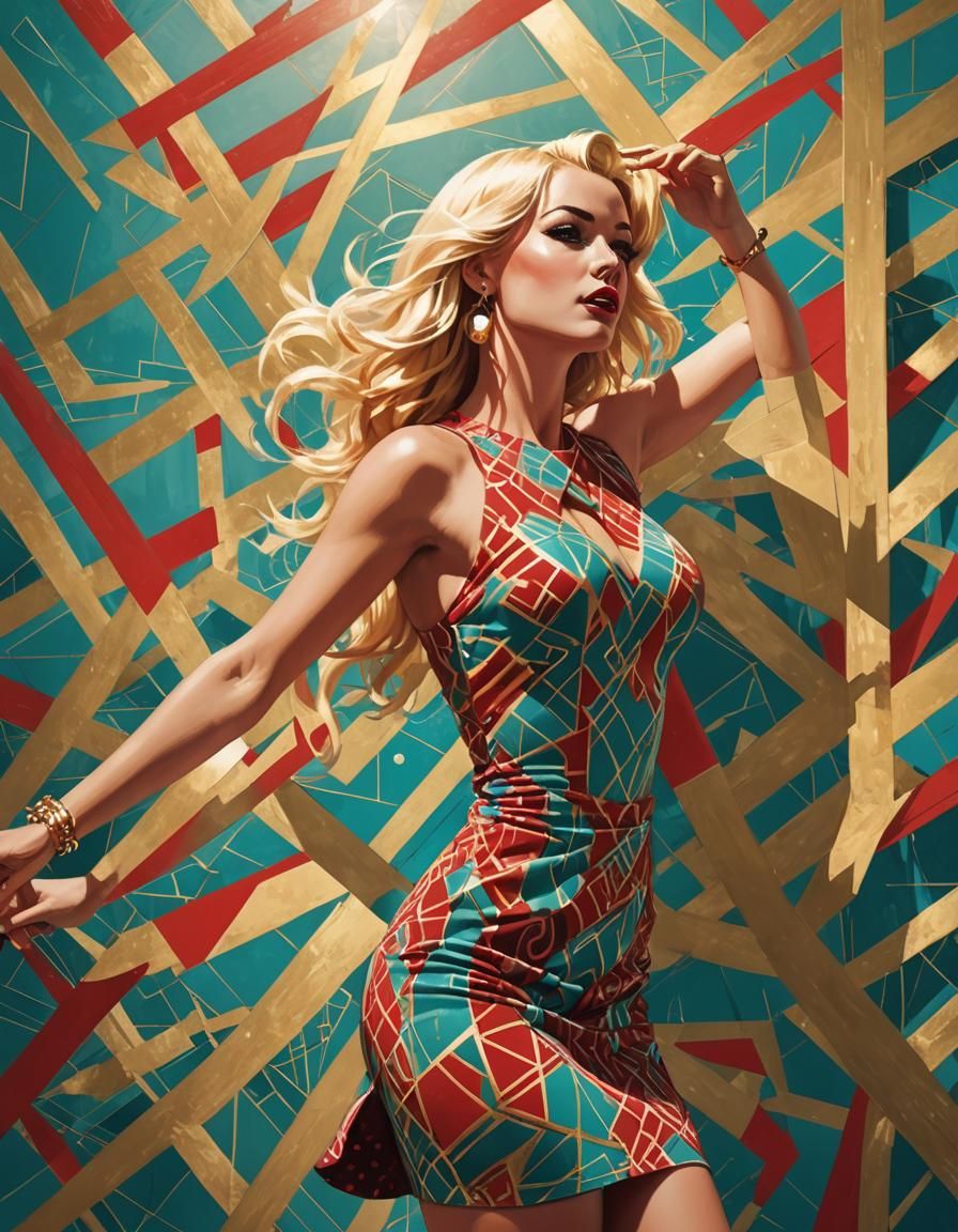 Blonde Woman Dancing in Geometric Setting, Comic Book Art