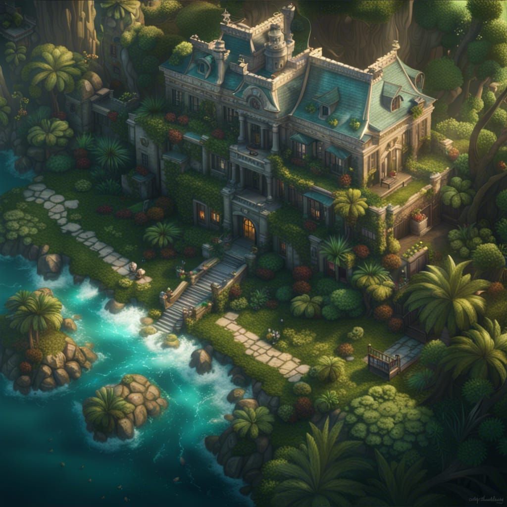 Lush Seaside Estate with Eagle Banners, Detailed Matte Paint...