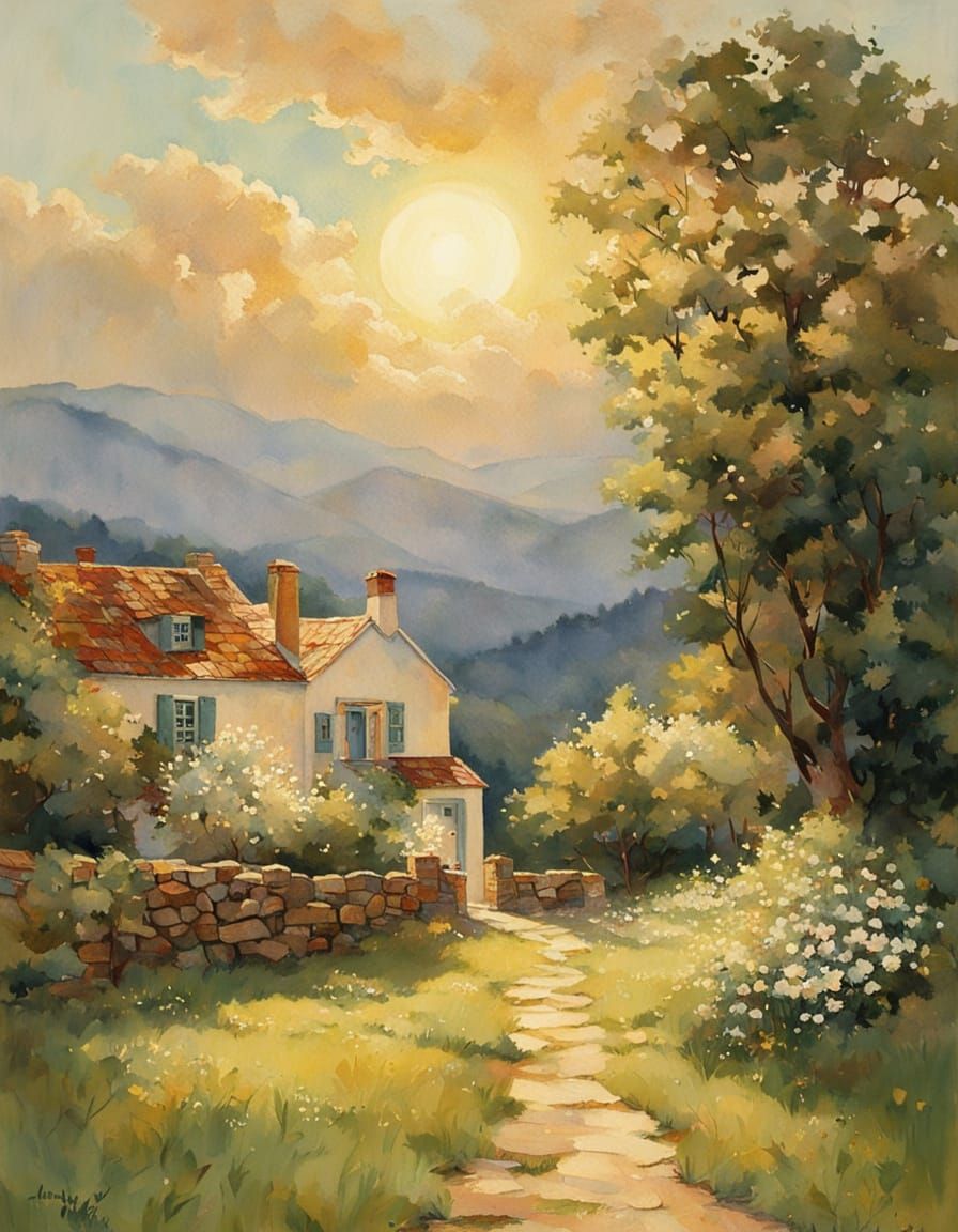 Dreamy Greek Village Scene in Vibrant Watercolor Style