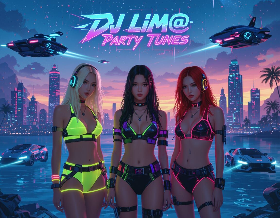 Cyberpunk Rave on Tropical Island at Dawn