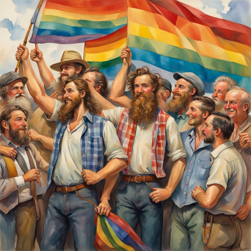Men with Rainbow Flag in Gouache Watercolor Style