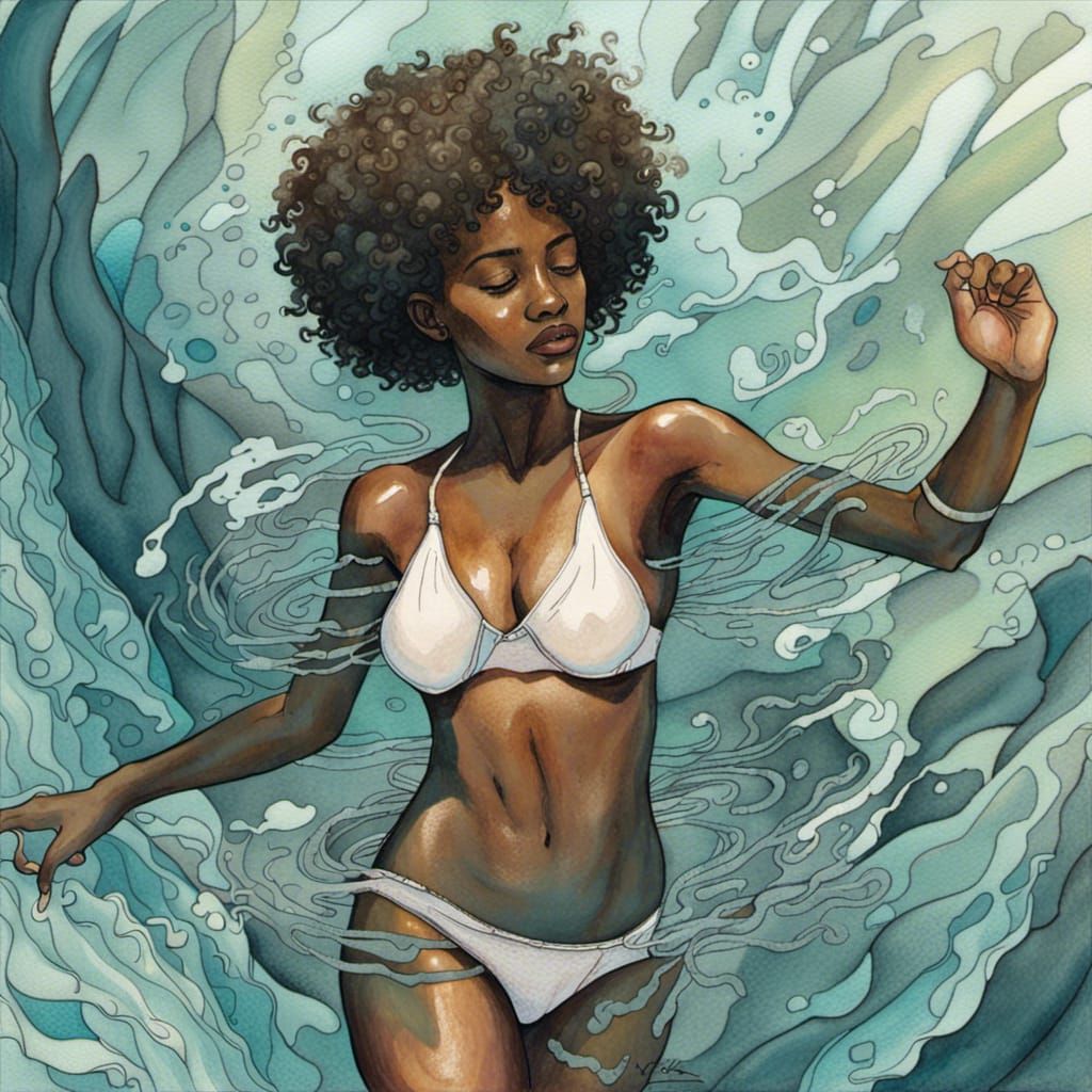 Woman Swimming Underwater in Watercolor Style