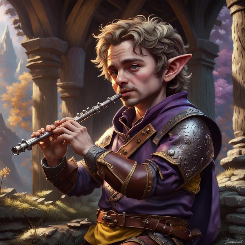 Halfling Bard Plays Flute: Dark Fantasy Concept Art