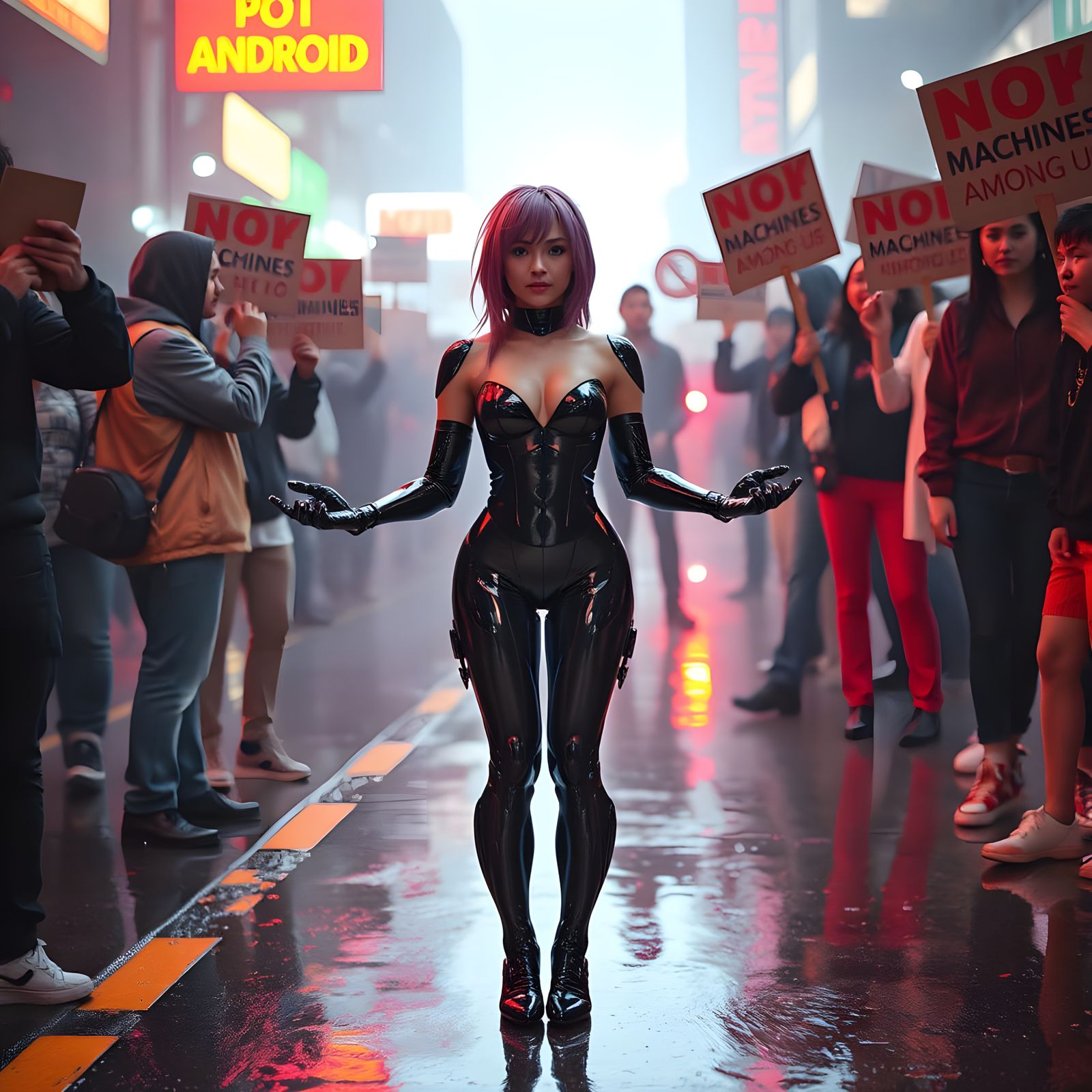 Cyberpunk Android Embracing a New World with Hope